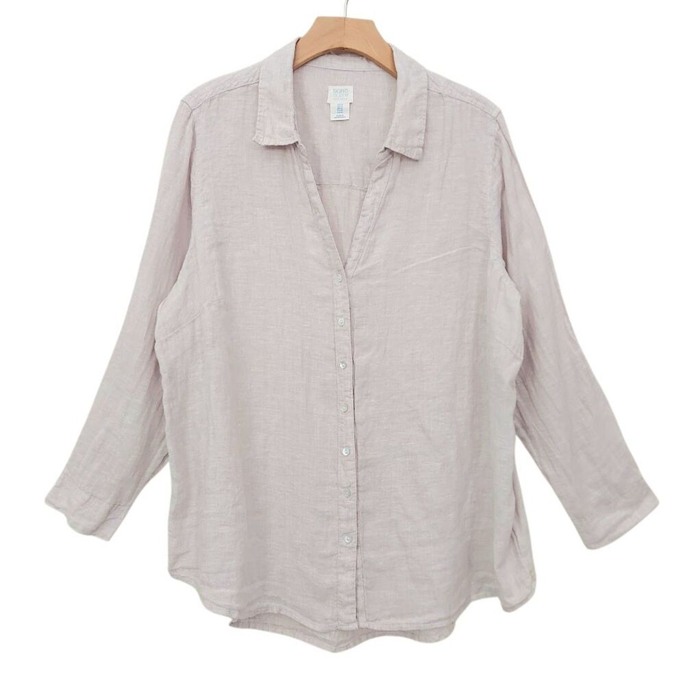 igrid Olsen Womens 1X Beige Linen Tunic Top Roll Tab Sleeve Coastal Lagenlook